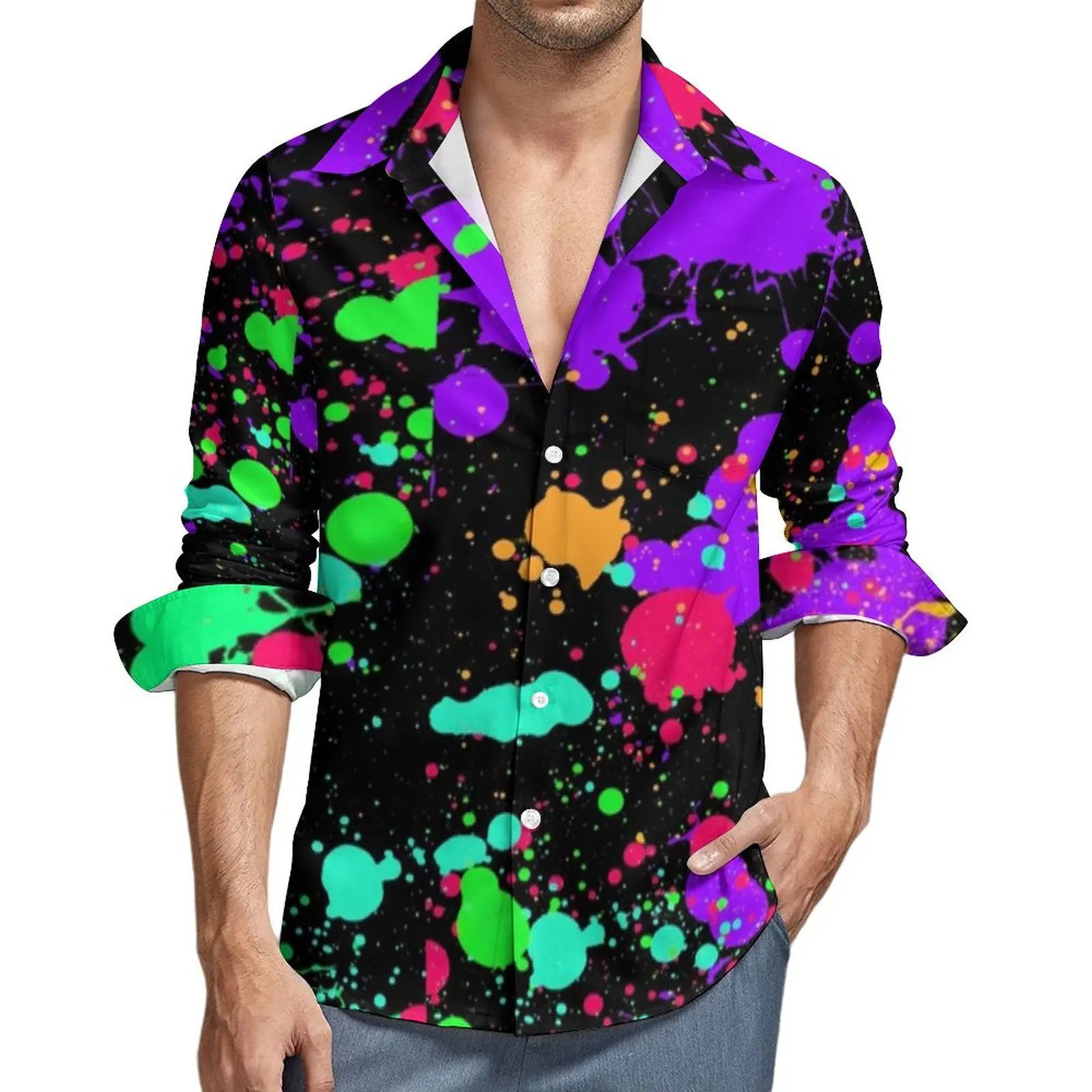 Novedad, camisa colorida con pintura de neón, camisas informales con estampado de salpicaduras para hombre, blusas estampadas de otoño, ropa de manga larga con solapa, Tops