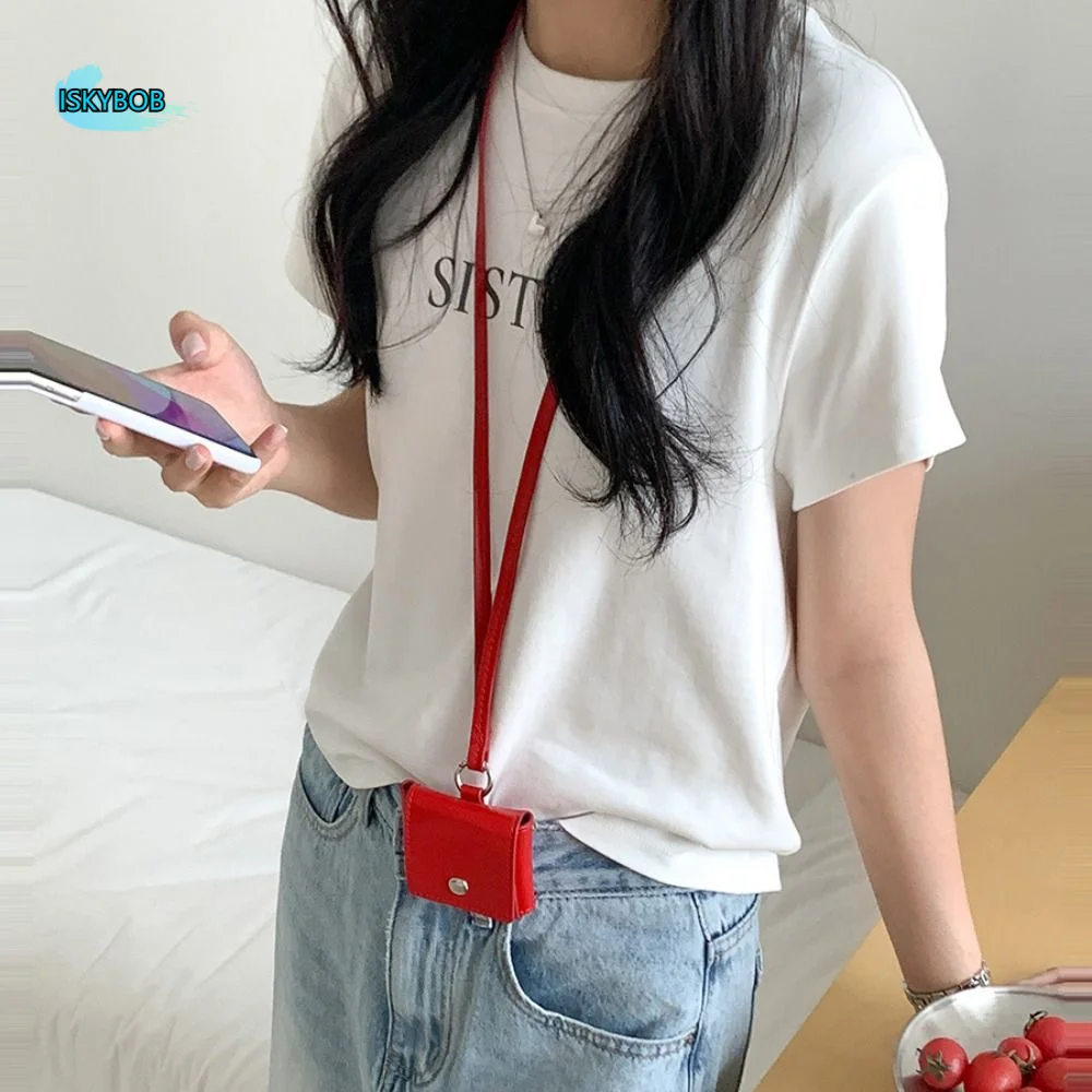 

Portable Hanging Neck Headphone Bag PU Leather Square Lanyard Lipstick Bag Card Holder Multifunctional Small Coin Purse Daily