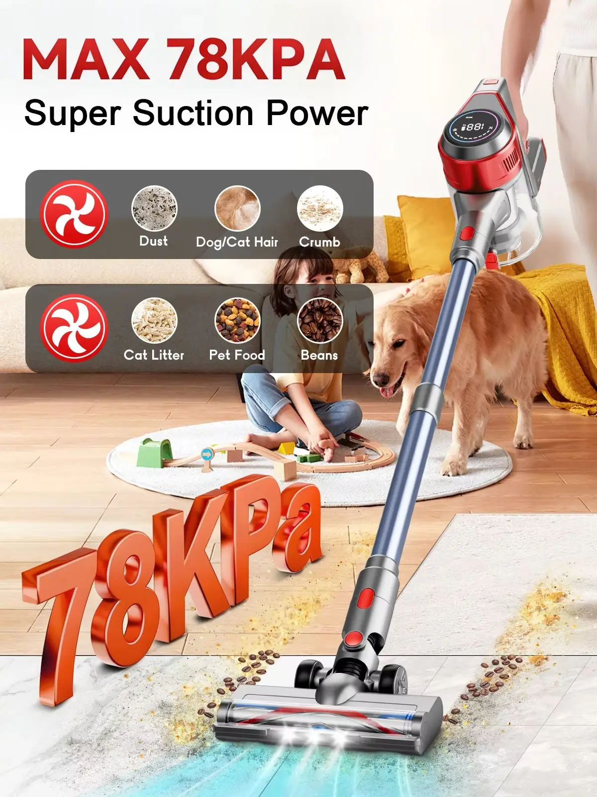 Honki Kabelloser Staubsauger 78KPA 45 Minuten Laufzeit 6*2200mAh Leichter Stabstaubsauger für Zuhause, Hartholzböden, Teppiche und Tierhaare