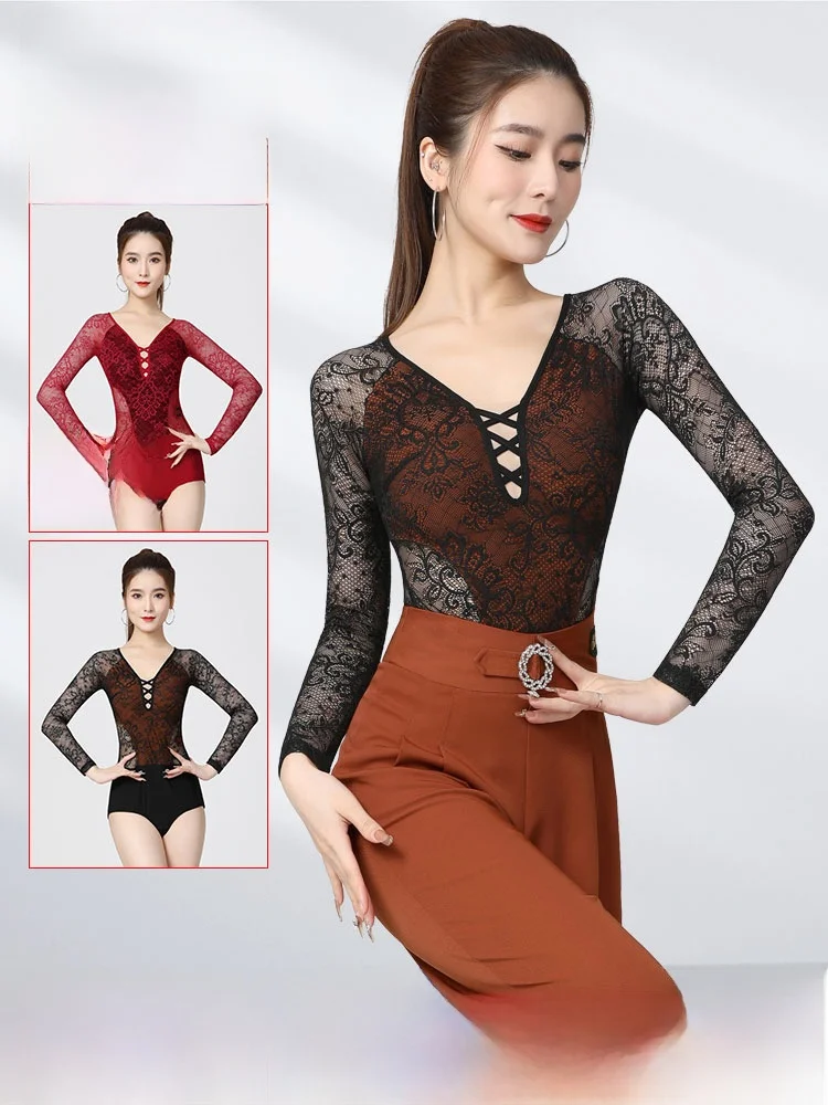

Dantuo Latin Dance Suit Sexy Lace One-Piece Suit with Built-In Bra Women's Stand Dance Top Spring Autumn Long Sve V-Ne