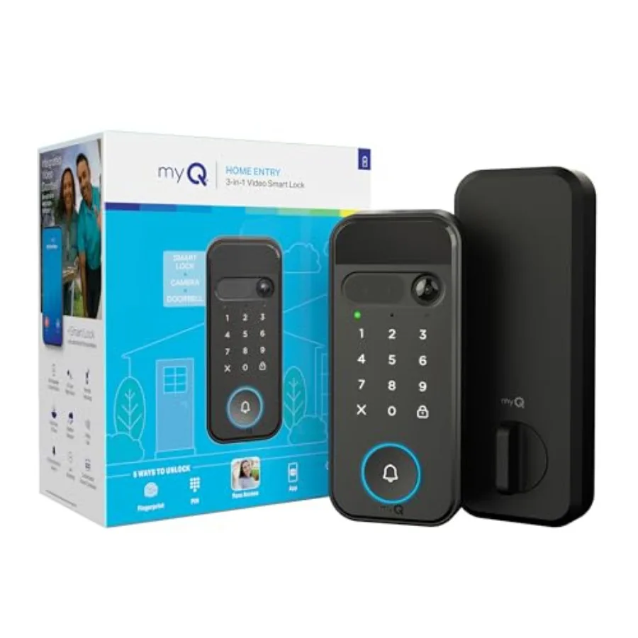 Smart Lock for residential entry with metal housing, matte black finish, 2K HDR video, color night vision, face/fingerprint/PIN