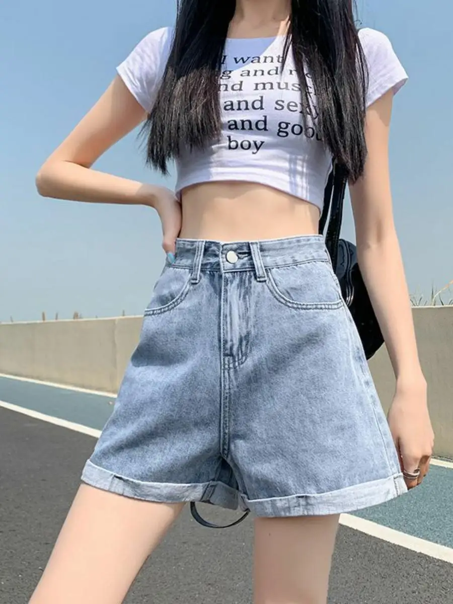 

Summer Thin High Waist A-Line Wide Leg Short Jeans Women's Casual Fashion Hot Pants Outdoor Wear Cuffed Denim Shorts