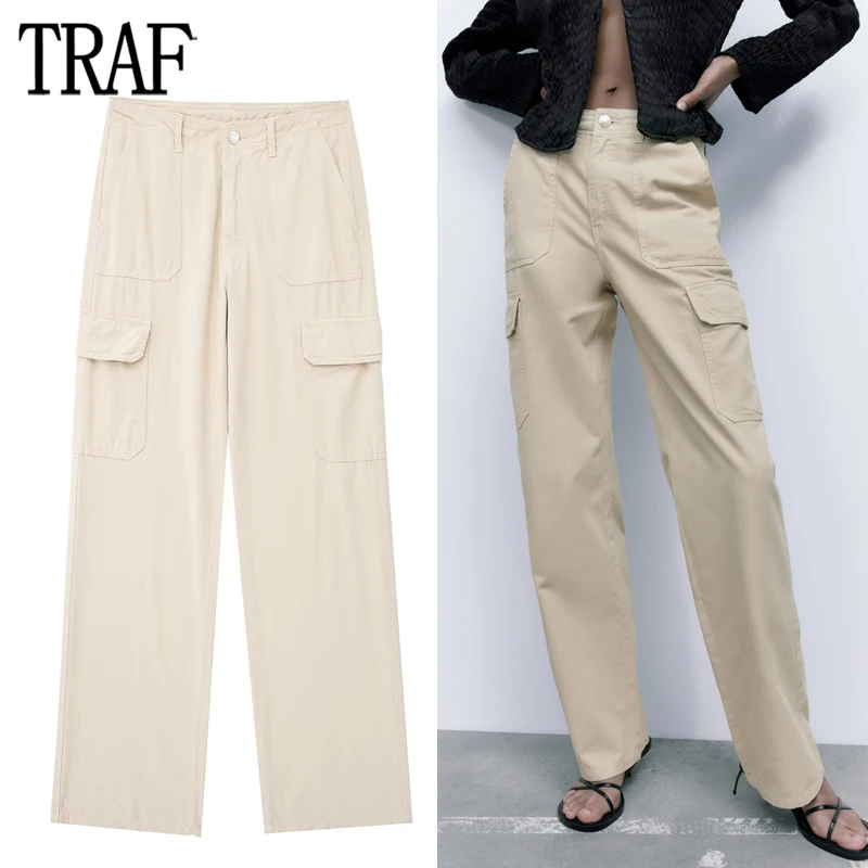 

TRAF Beige Cargo Pants for Women High Waist Baggy Pants Woman Summer Straight Leg Trousers Women Y2K Streetwear Casual Pants