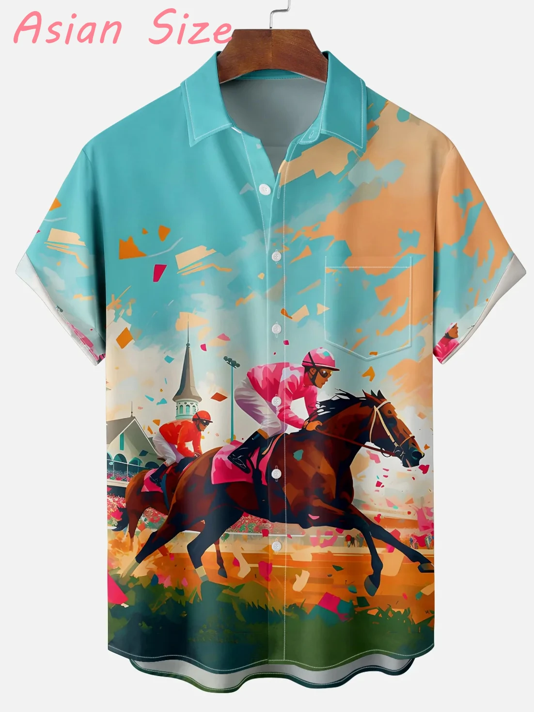 

Men's Fashion Summer Camisa Hawaiian 3d Print Horse Racing Casual Button Up Shirts Short Sleeve Crwboy Pattern Oversized Shirts