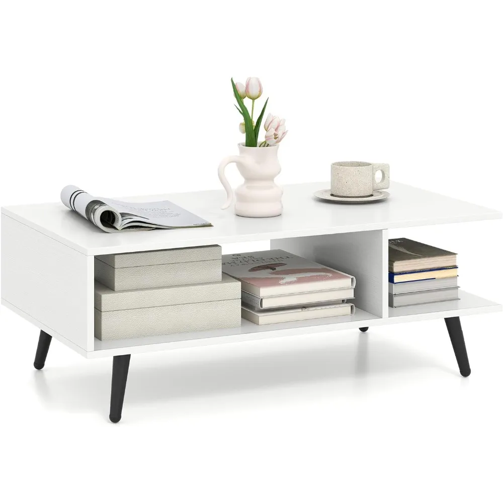 

Coffee Table with Storage, Mid Century Modern Center Table for Living Room, Rectangle Tea Table with Open Storage Shelf & Floor