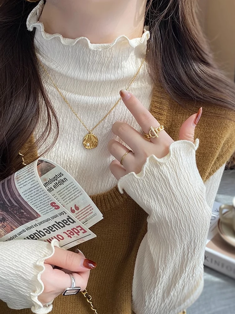 

White Lace Base Shirt Women's Spring Autumn High-End Feelings Half High Collar Wood Grain Sweater Inner Wear Trendy