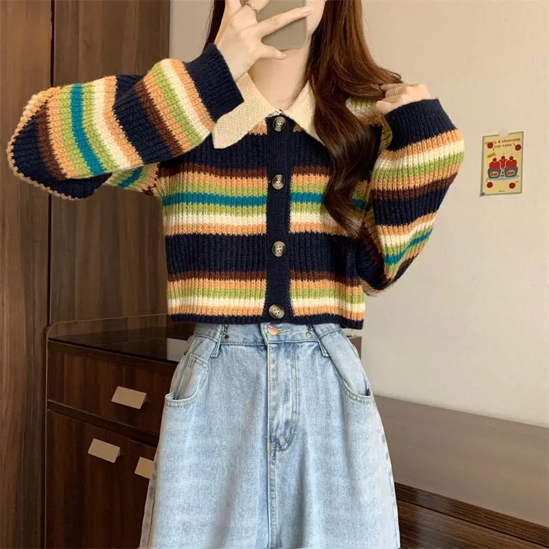 Color Blocking Striped Sweater Knitted Women\'s Autumn Winter 2024 New Style Outerwear Pullover Collar Short Base Cardigan Top