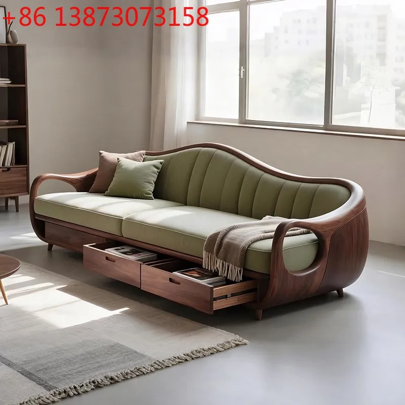 

Italian light luxury North American black walnut sofa antique new living room straight storage sofa high-end solid wood