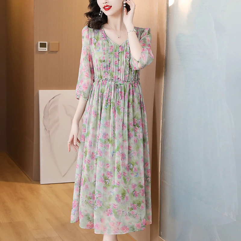 

Women's 2024 New Spring Fragmented Silk Dress Large Loose Waist Flower Long Dress Leisure Party Beach Dress Vestidos