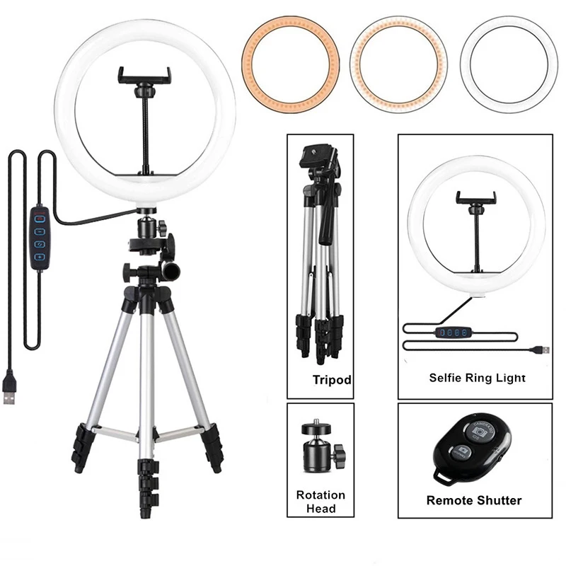 LED Selfie Ring Light Photography Video Light RingLight Phone Stand Tripod Fill Light Dimmable Lamp Trepied Streaming 10" 26cm