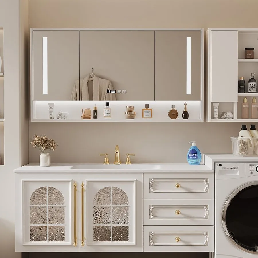 

Встроенная раковина, французская кремовая стиральная машина из резиновой древесины, встроенный шкаф для ванной комнаты в стиле ретро