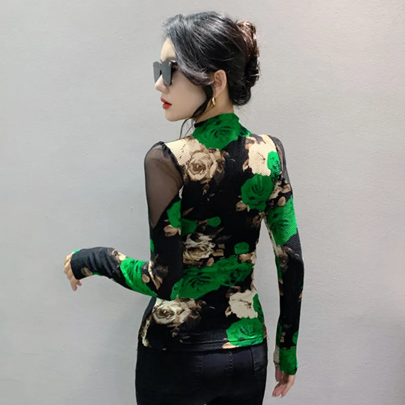 2023 New European Clothes T-Shirt Women Sexy Turtleneck Chic Green Rose Print Slim Mesh Tops Long Sleeve Bottoming Shirt Tees