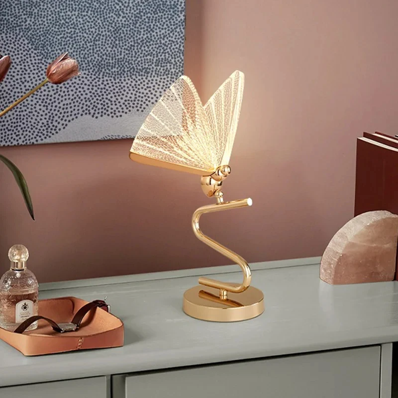 LED Table Lamp Modern Gold Desk Lamp with Transparent Wing Bedroom Living Room Bedside Decorative Night Light