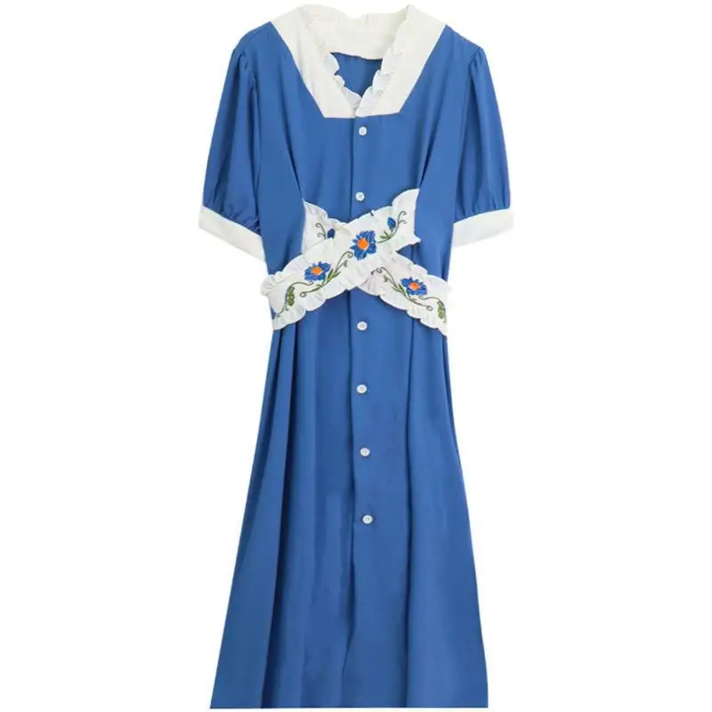 

Lace Embroidered Cross Waist Dress Summer 2022 New Blue Design A-line Medium length Skirt for Women