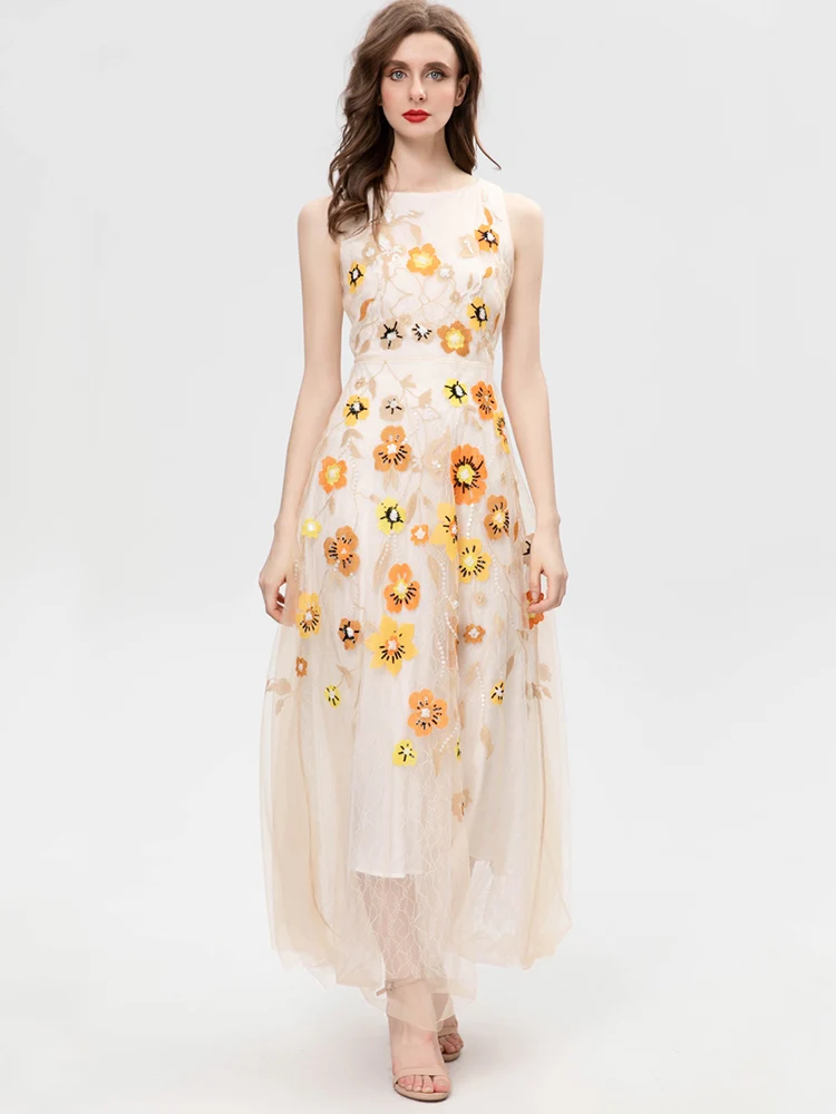 

High Street Mesh Embroidery Long Dress Summer Women O-Neck Sleeveless Party Evening Vestidos Waist-closing