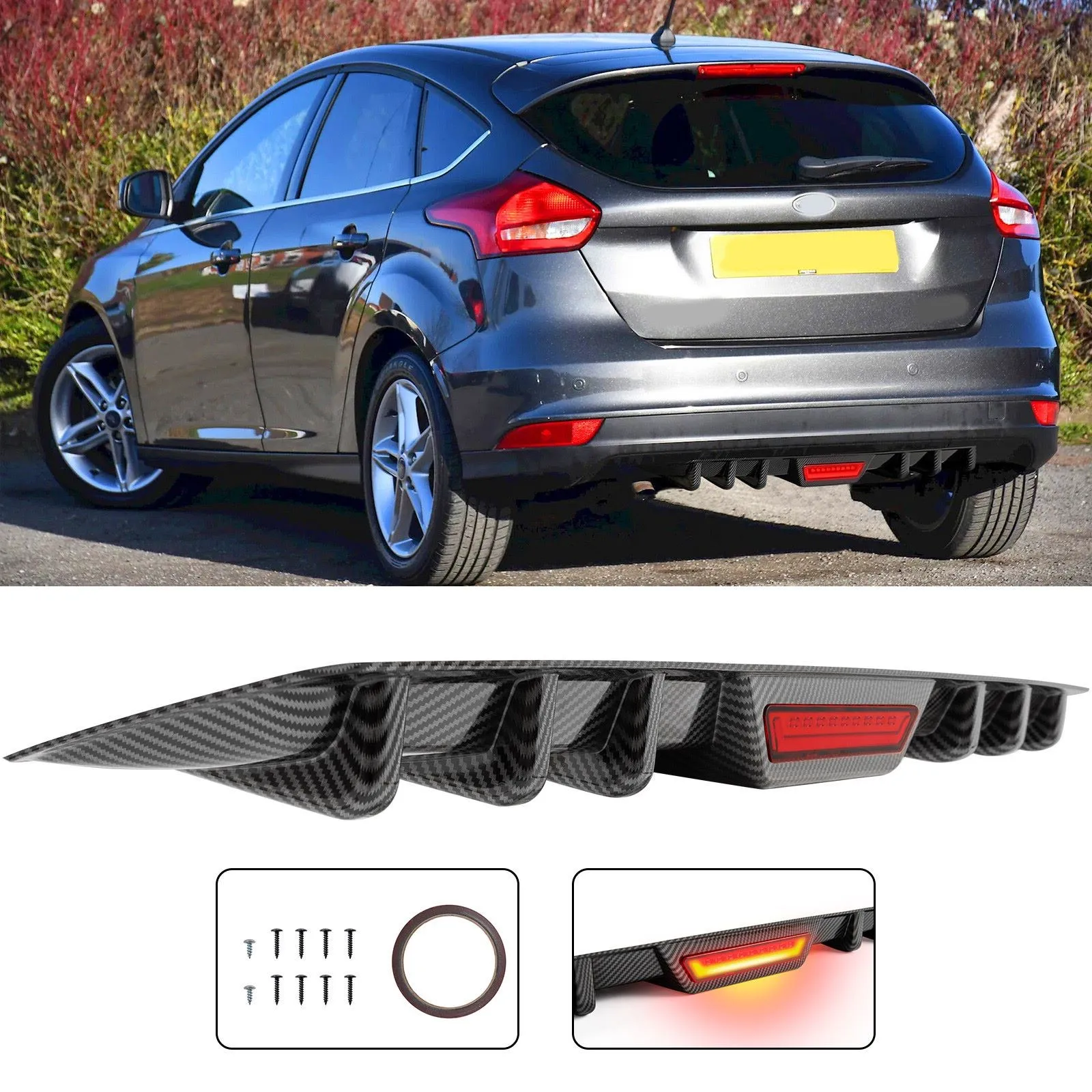 

For Ford Focus Rear Bumper Diffuser Splitter Fin w/ LED Brake Light Carbon Fiber New
