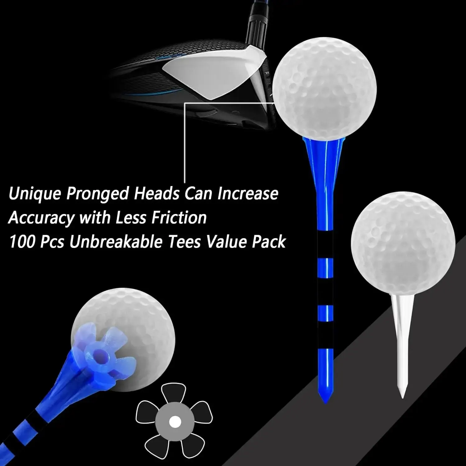 Golf Tees Plastic 5-Prongs Marking System 80 Driver Tees with 20 Iron Hybrid Tees Mixed 100 Pcs/Set Low Friction Resistance