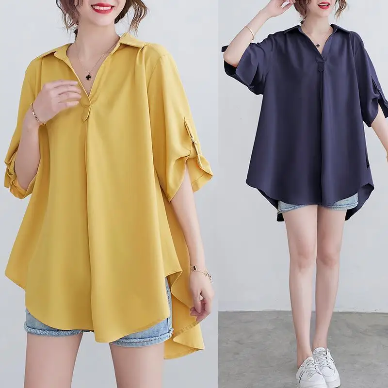 Korean summer solid color women\'s Turn down Collar Asymmetric temperament casual short sleeve loose mid length Chiffon shirt top