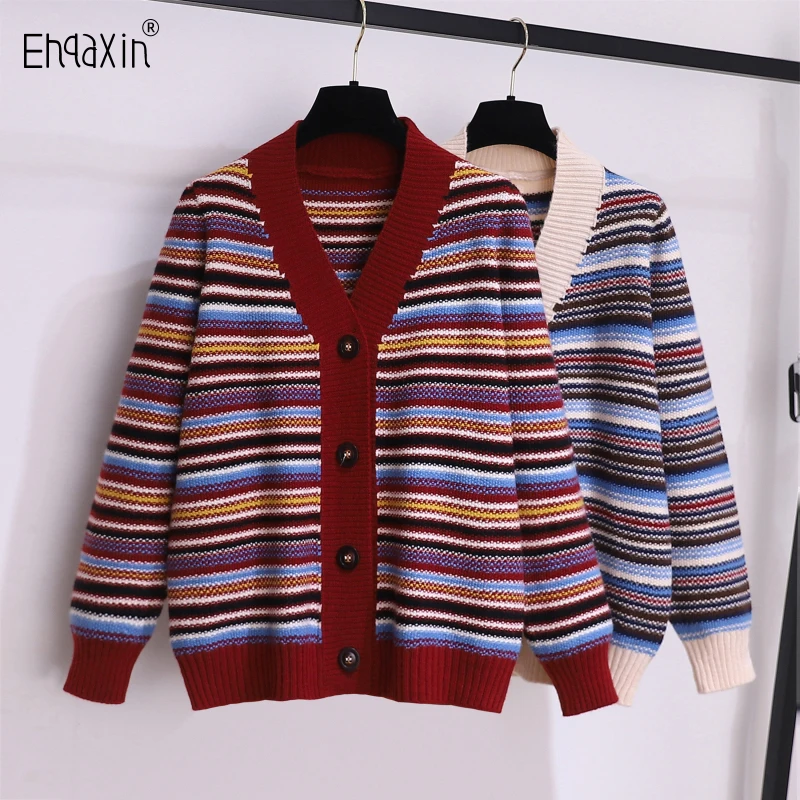 

EHQAXIN Women's Knitted Sweater 2024 Fashion Autumn Winter Loose Korean V-Neck Thickened Buttons Cardigan Coats Tops M-4XL