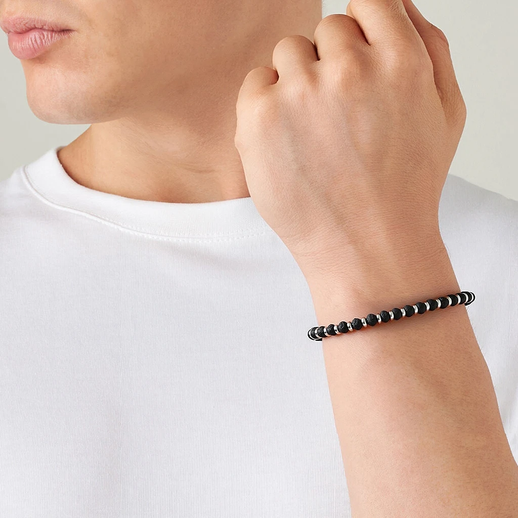 Men\'s Black Natural Volcanic Lava Stone Beads Necklace with Adjustable Stainless Steel Ring 22cm Runda Handmade Jewelry