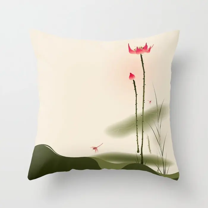 Chinese Style Pillow Cover Lotus Cushion Cover Office Waist Support Blossom Pillowcase Bamboo Plum Pillow Case Home Decore Car