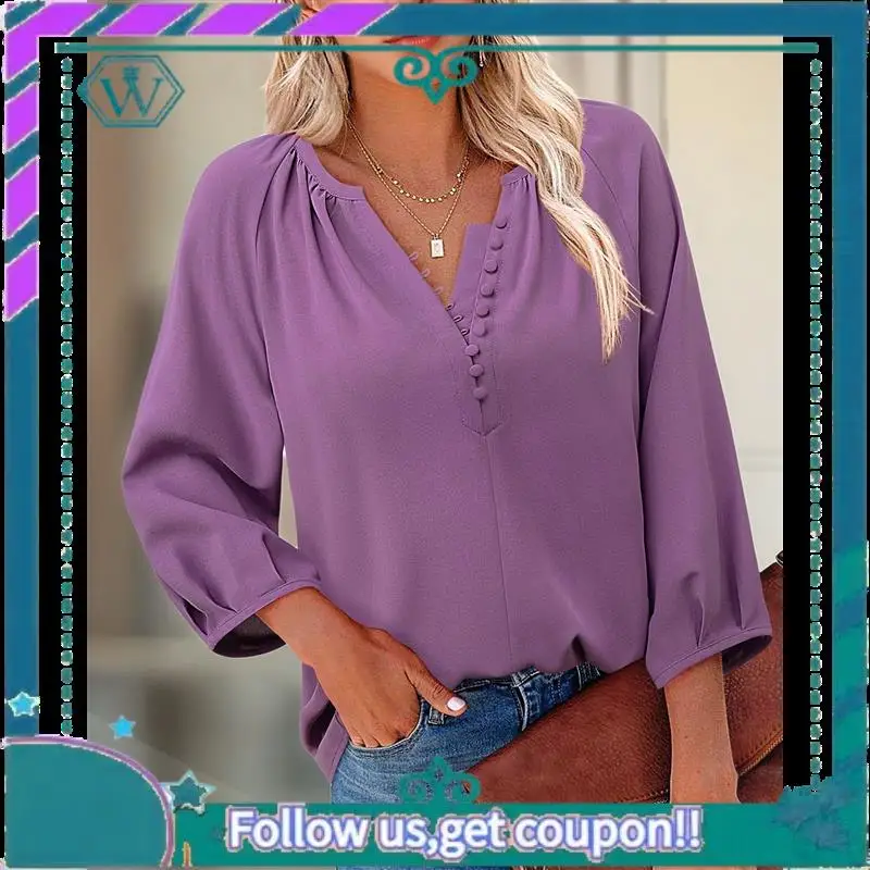 

A09P Womens Casual V Neck 3/4 Sleeve Boho Chiffon Button Down Blouses Dressy Shirts