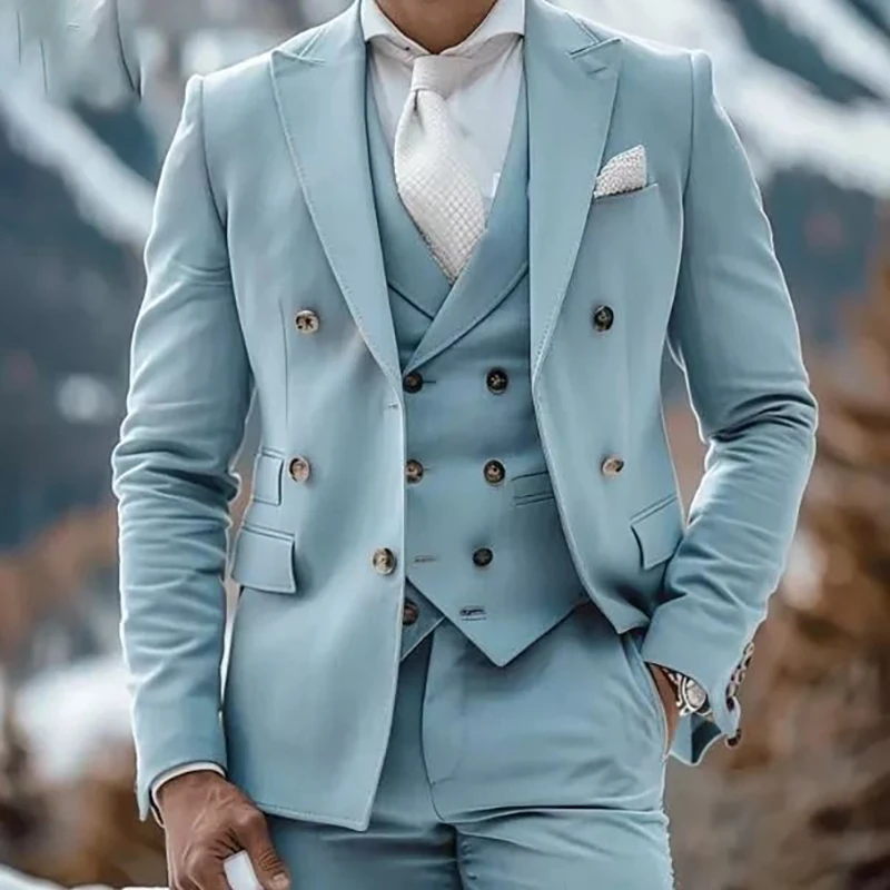 

Fashion Men's Suits Blazer Blue Double Breasted Peak Lapel Slim Fit Male Clothing High Quality 3 Piece Jacket Pants Vest Terno