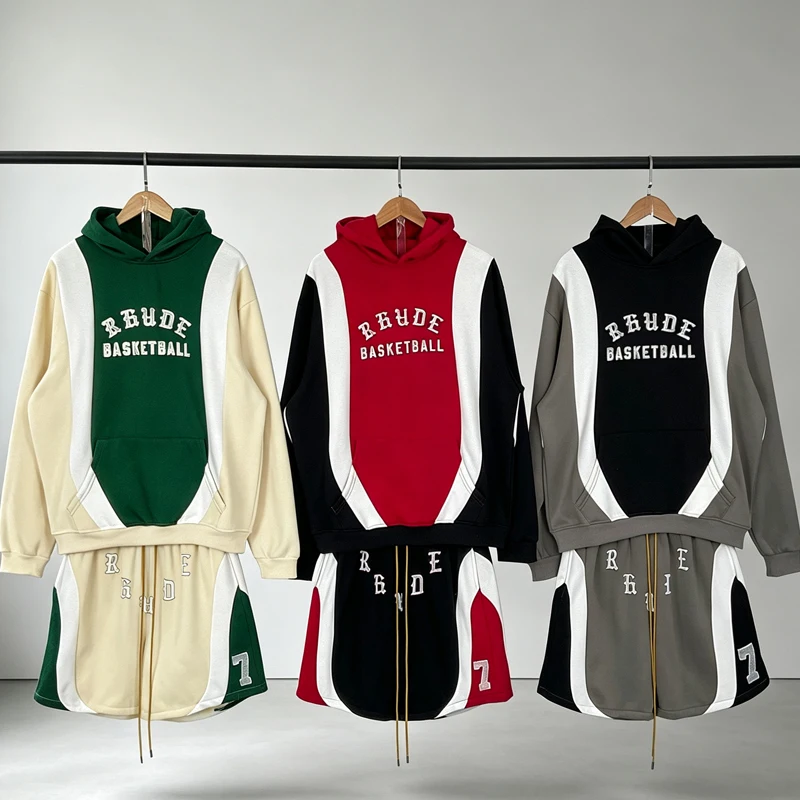 Vintage Trend Rhude Fleece Hoodie High Quality Loose Printed Pullover Streetwear Hip Hop Sweatshirt Splicing Black Red Set