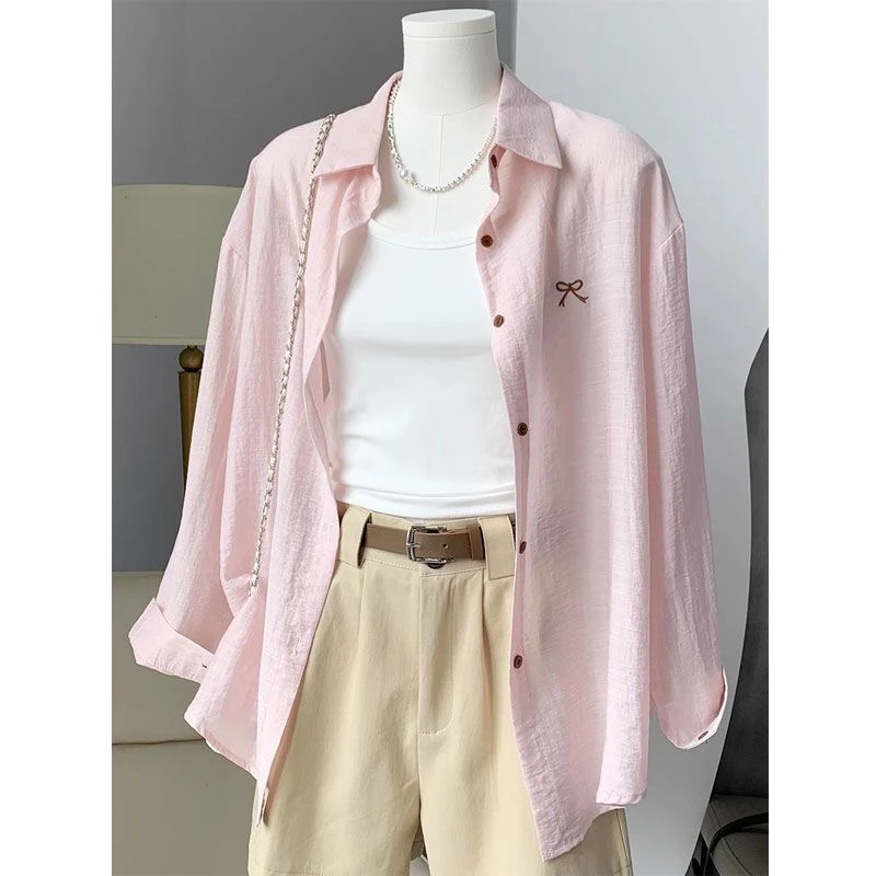 

Розовая блузка с вышивкой в виде банта, женская свободная повседневная рубашка с длинным рукавом, удобная, дышащая, с защитой от УФ-излучения, новая осенняя модель