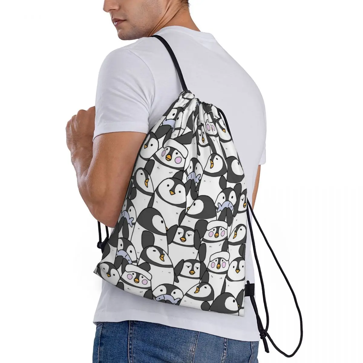 Hand Drawn Penguin Set Backpacks Multi-function Drawstring Bags Shoes Bag Book Bags for Travel School