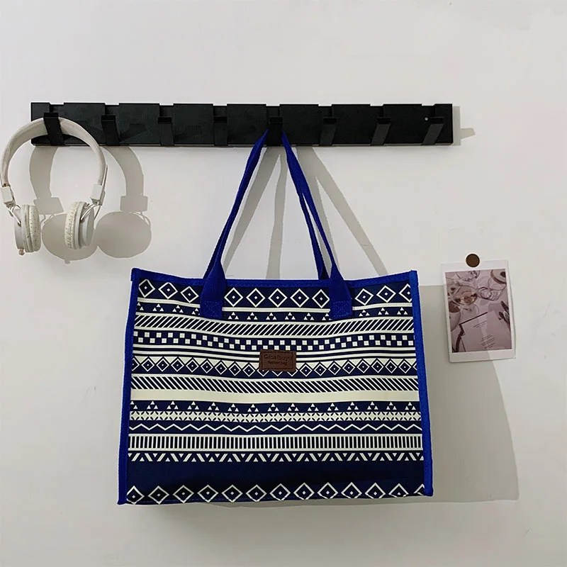 Bohemian Geometric Print Tote Bag, Blue & White Canvas Shoulder Bag, Large Capacity Casual Handbag for Beach & Shopping