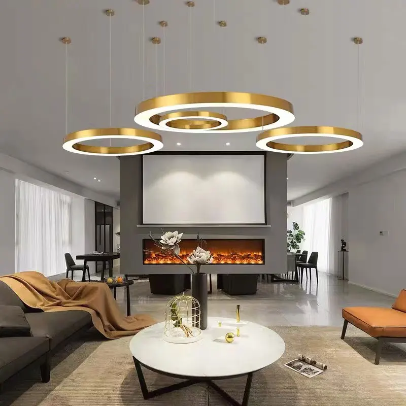 

Modern Hotel Labby Gold Ring Led Chandelier Minimalism Round Living Room Exhibition Stairs Kitchen Decorative Hanglamp Fixtures