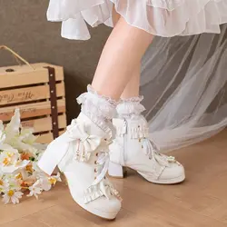 New Women High Heels Ankle Boots Pearl Chain Mary Jane Pumps Party Wedding Black White Ruffles Bow Princess Cosplay Lolita Shoes