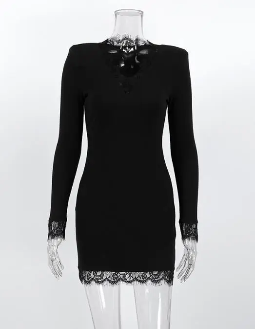 Women Dress Spring Tight New Lace Patchwork V-Neck Sexy Milk Silk High-End Long Sleeved Hip Hugging Dress Suitable for Banquets