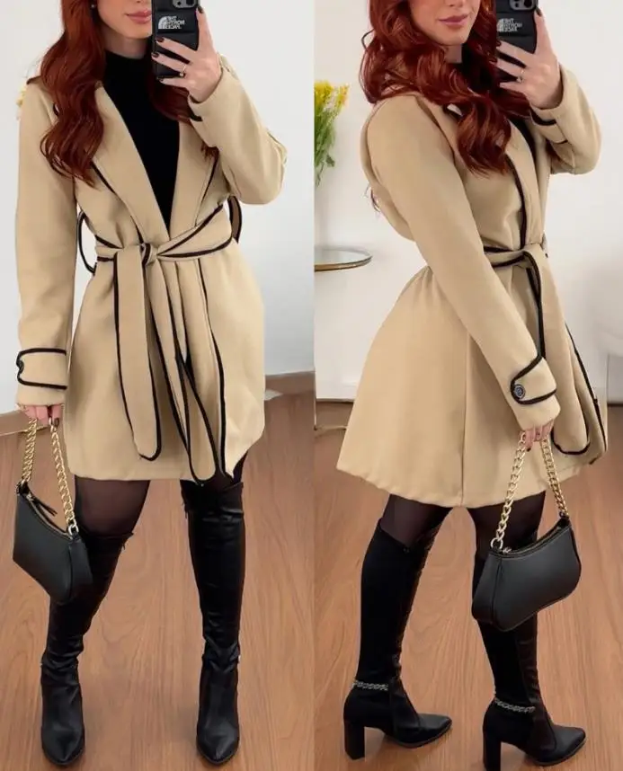 2025 New Fashion Winter Latest Hot Selling Style Simple Sexy Elegant Turn-Down Collar Long Sleeve Casual Tie Detail Cinch Coat