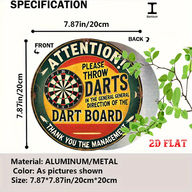 2D Flat 1pc Game Sign Round Aluminum Sign, Vintage Design Round Wall Decor Retro Style Rustic Metal Wall Art, Darts
