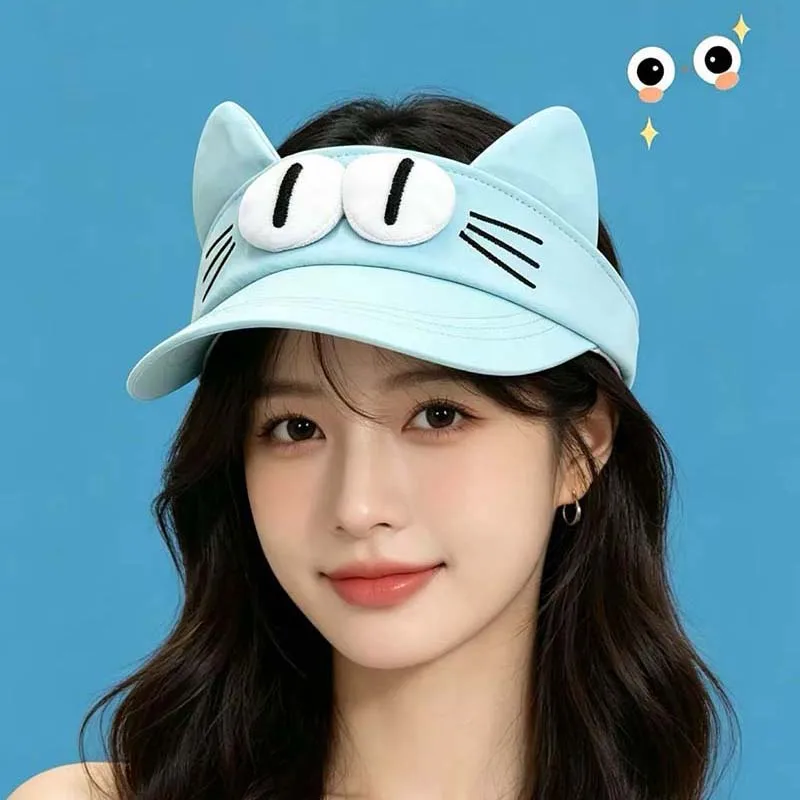 Sun Protection Big Eyes Cat Visor Cap Adorable Creative Kitty Hollow Hat Funny Quick-drying Fabric Cat Ears Sun Hat Hiking