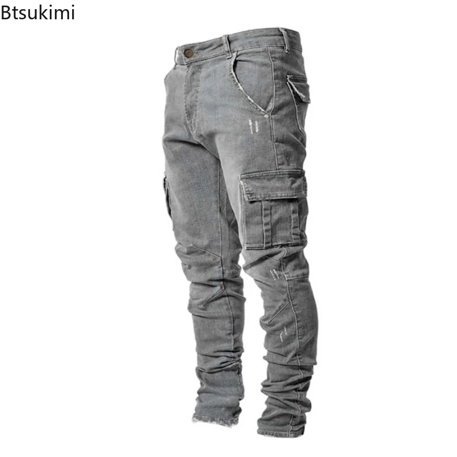 Mode neue Herren Denim Cargo hose Multi-Taschen Design solide schlanke Jeans Männer Straße elastische Cowboy hose täglich tragen Jogger