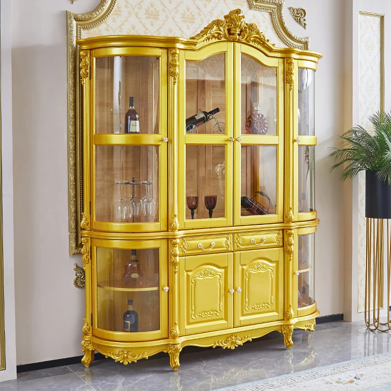 European style wine cabinet, all solid wood carved villa furniture decoration cabinet, curved door glass storage cabinet