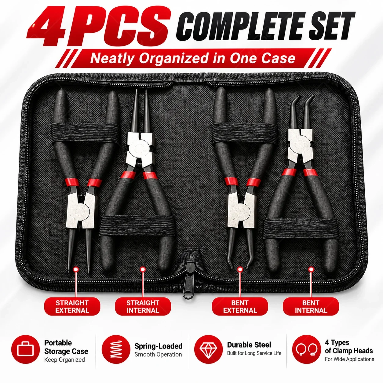WXCOO Snap Ring Remover Tool Set 7 Inch Carbon Steel Circlip Pliers Straight Bent Inner Outer Retaining Clip for Auto Repair