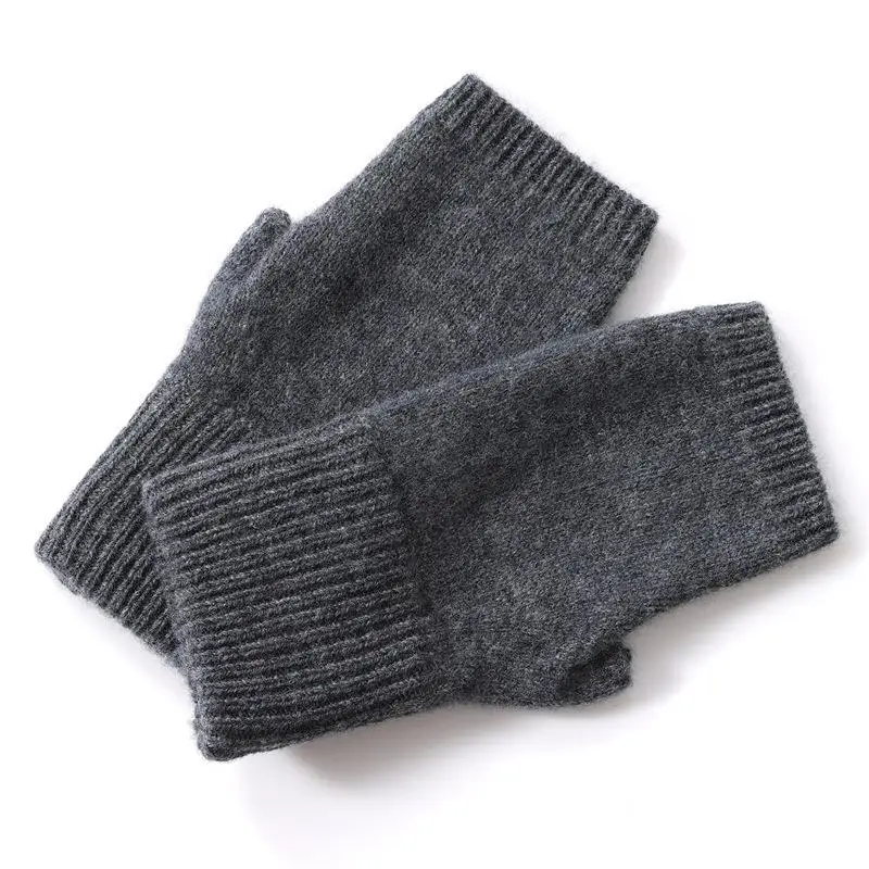 Winter 100% Cashmere Gloves 15cm Knitted Fingerless Gloves Thermal Half Finger Mittens Keep Warm Real Wool Mittens Arm Warmer