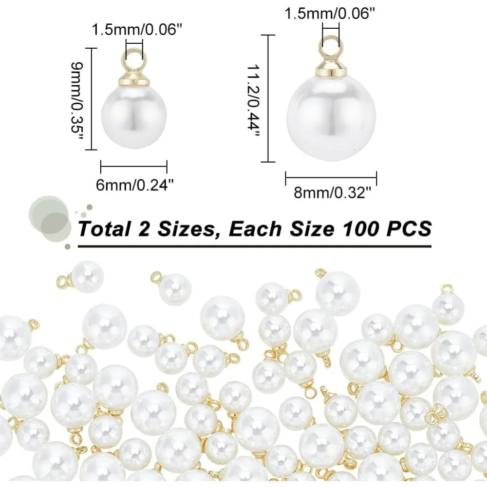 200 Pcs 2 Styles Imitation Pearl Charms 6/8mm Pearl Beads Charms Pendants White Round Pendants ABS Plastic Pearl Charms