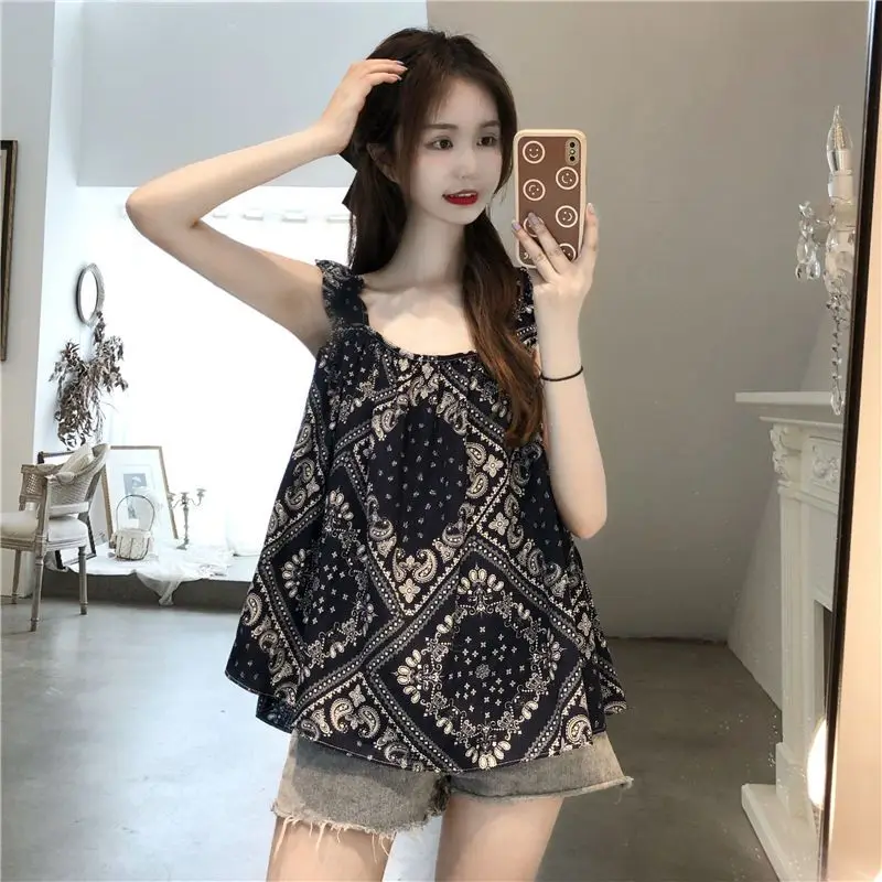 

Summer New Vintage Printing Plus Size Tanks Loose Sleeveless Off Shoulder All-match Tops Casual Fashion Women Clothing M-4XL