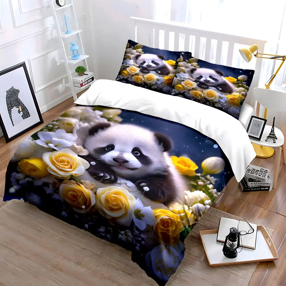 Adorable panda in floral night scene Bedding Set for Kids Luxury Gift 3pcs Digital Print Comforter Set Soft Comfortable