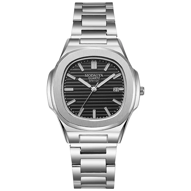 Fashion Luxury Business Square Quartz Watches Classic Stripe Design Dial with Stainless Steel Band Wristwatch for Men