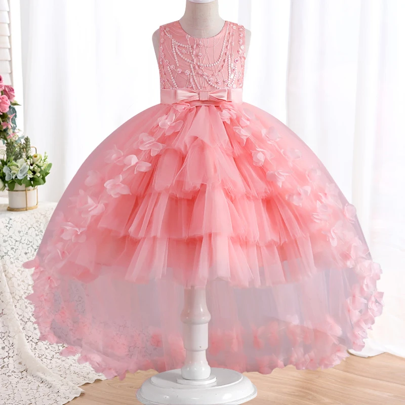 Girls\' lace bow dress 4-12 years old temperament flower sequin trailing princess dress 2023 new carnival party formal dress