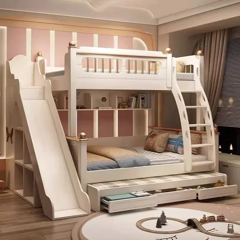 135x190cm Wood Mattress Bunk Bed with Slide Ladder King Size Frame 3 Drawers Storage Kids Loft Bed Queen Bed 2 People Furniture