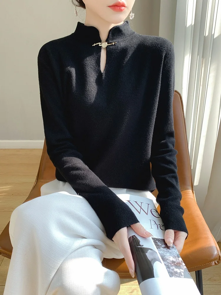 Retro Red New National Style Button Sweater Women's Stand Collar  Collar Chinese Knitted Base Shirt Elegant Shoulder...