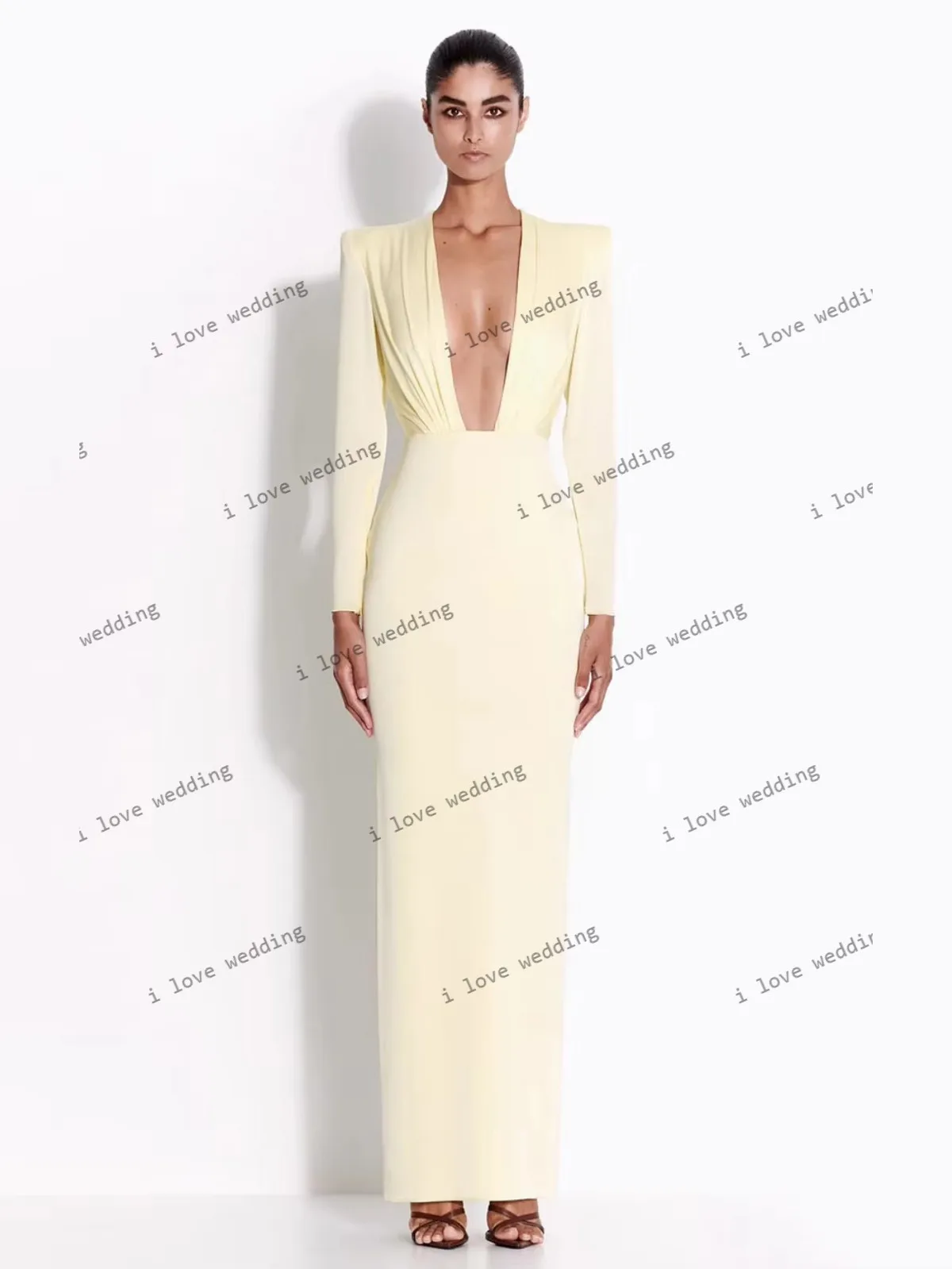 Vestidos de Noche largos con cuello en V profundo de color amarillo claro, vestido de fiesta de boda elegante de sirena de manga larga de satén 2025 para mujer personalizado