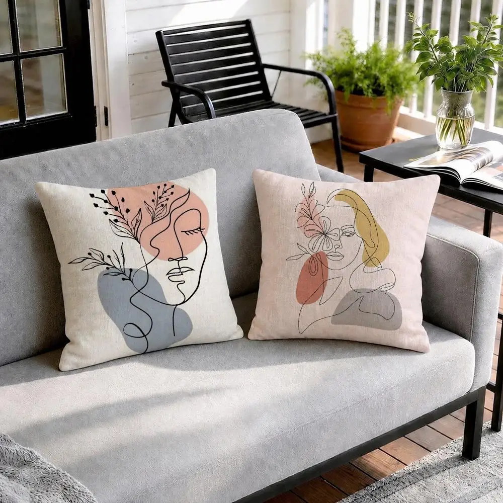 Abstract Face Collection Cushion Cover Natural Linen Organic Fabric Double-Sided Printing Sofa Home Decor Gift Pillow Cover